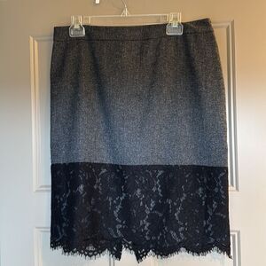 Vince Camuto grey tweed and black lace pencil skirt, Size 10, kick pleat.